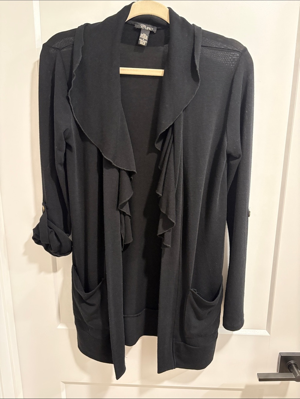 Cupio Black Open-Front Cardigan with Ruffled Trim